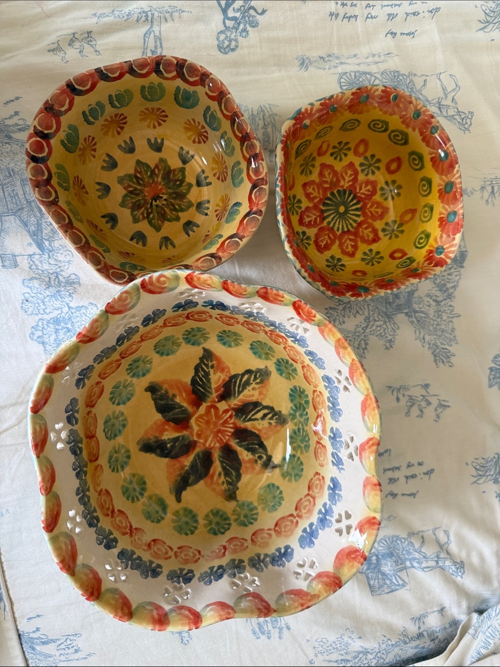 Hand-Painted Yellow Floral Ceramic Serving Bowls - Set of 3